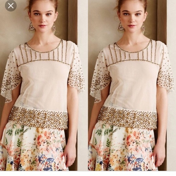 Anthropologie Tops - 💕 SOLD Anthropologie White Mesh Top with Metal Beading